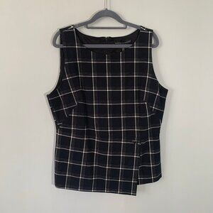 White House Black Market Plaid Asymmetrical Sleeveless Top Black White‎ Size 14